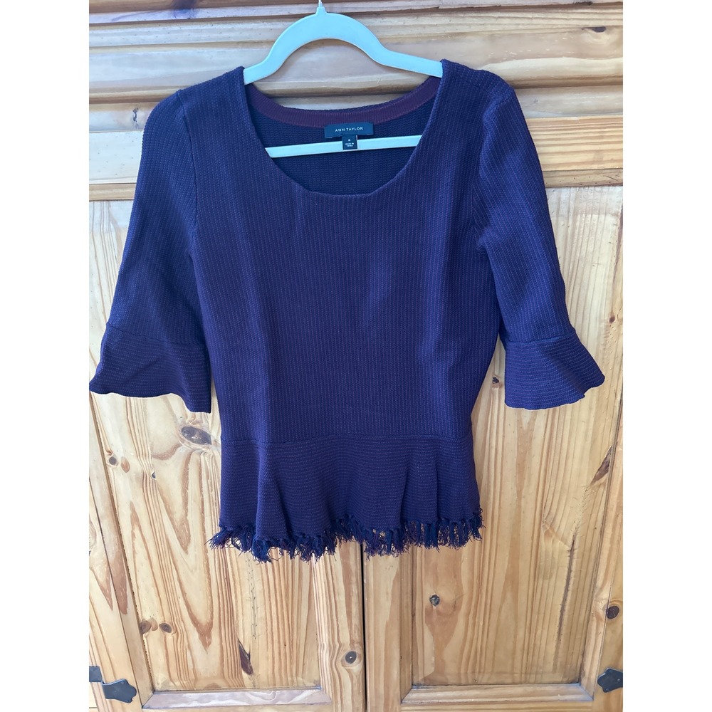 Ann Taylor Purple Burgundy Textured Knit Fringe Peplum Bell Sleeve Top Medium